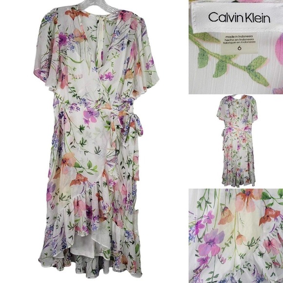 Calvin Klein Dress White Floral Size 6 Women SS Midi Ruffle Chiffon Wrap Flaw - Picture 1 of 13